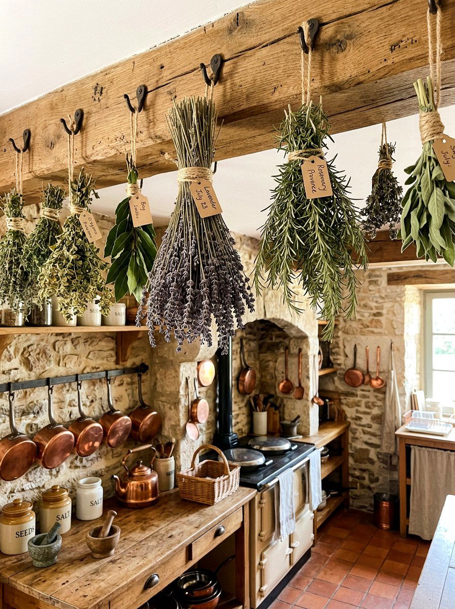 Hanging dried herb bundles - 30 French country kitchen ideas