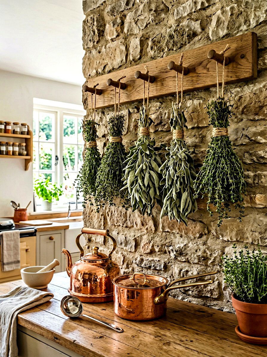 Hanging dried herbs - 30 cottagecore kitchen ideas