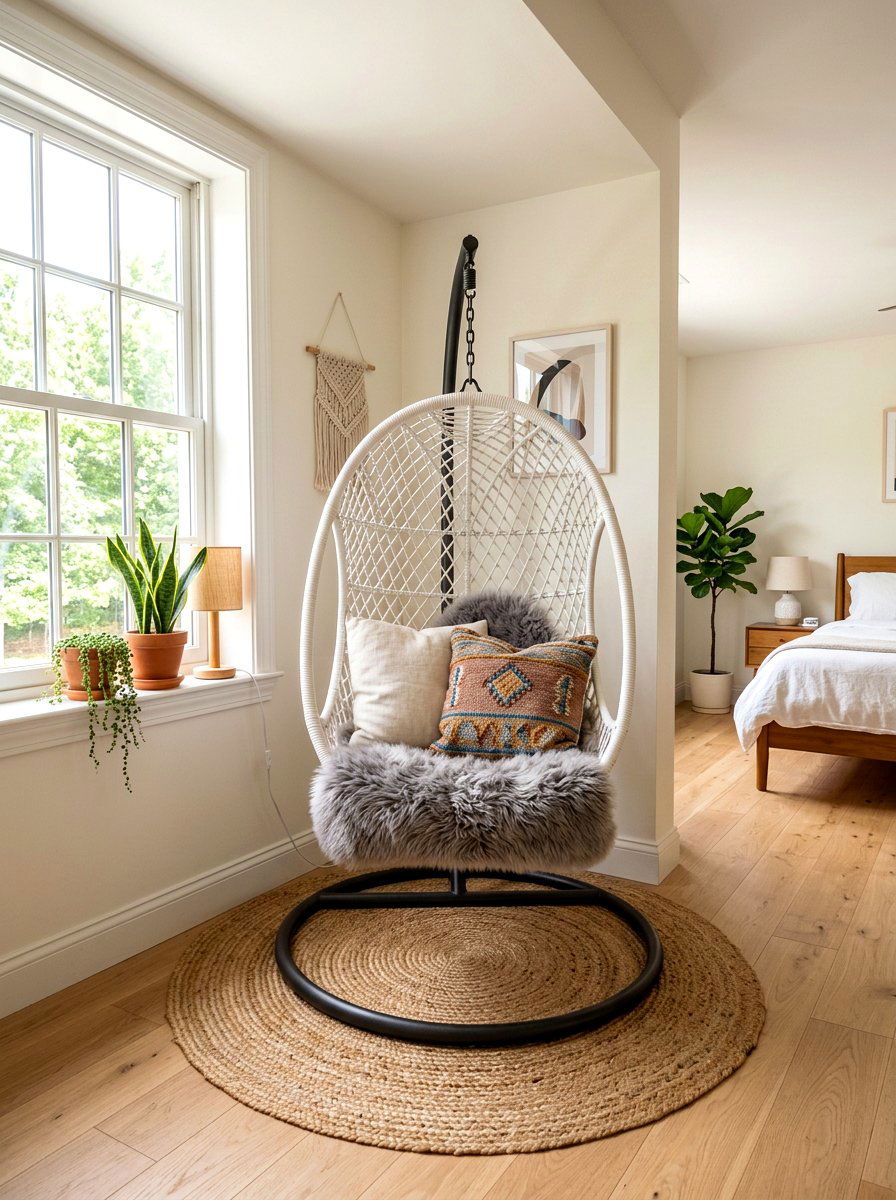 Hanging egg chair - 30 bedroom alcove seating ideas