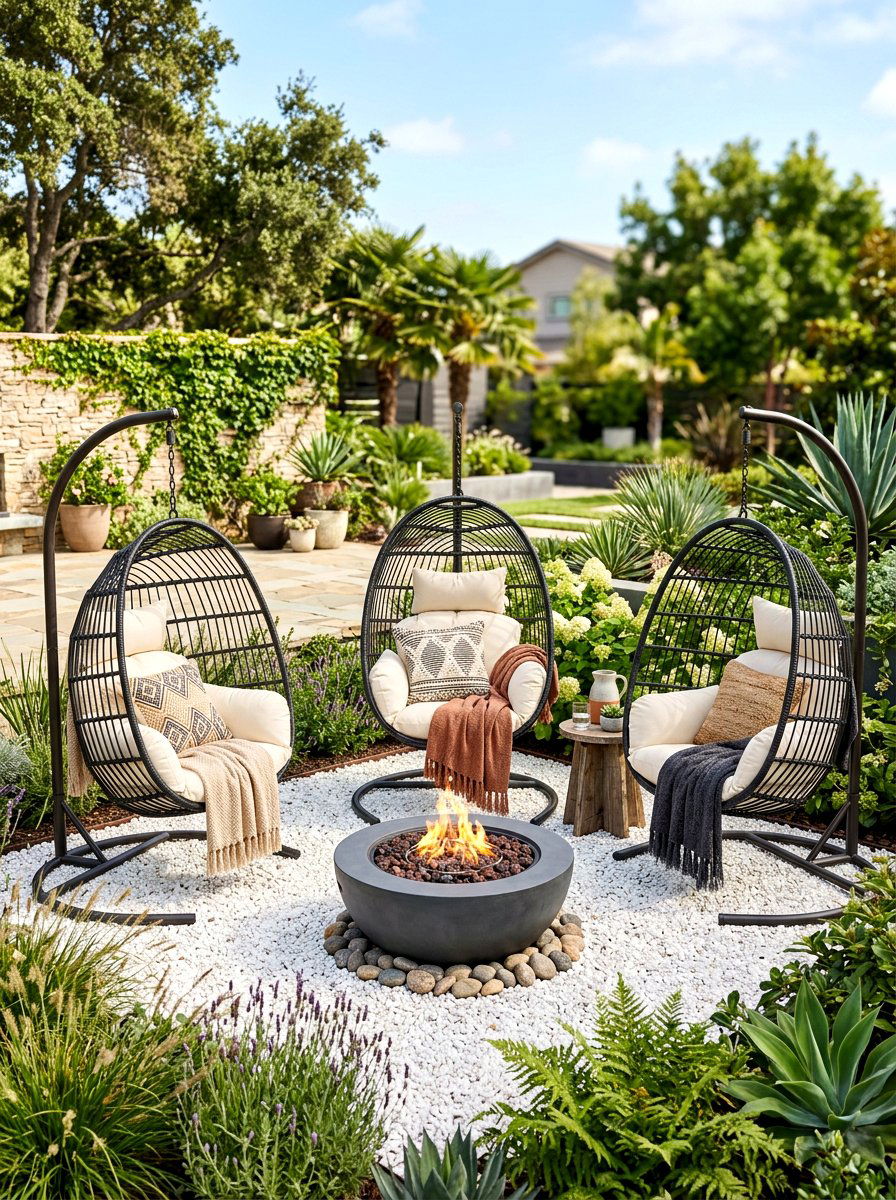 Hanging egg chair fire pit - 30 backyard fireplace seating ideas
