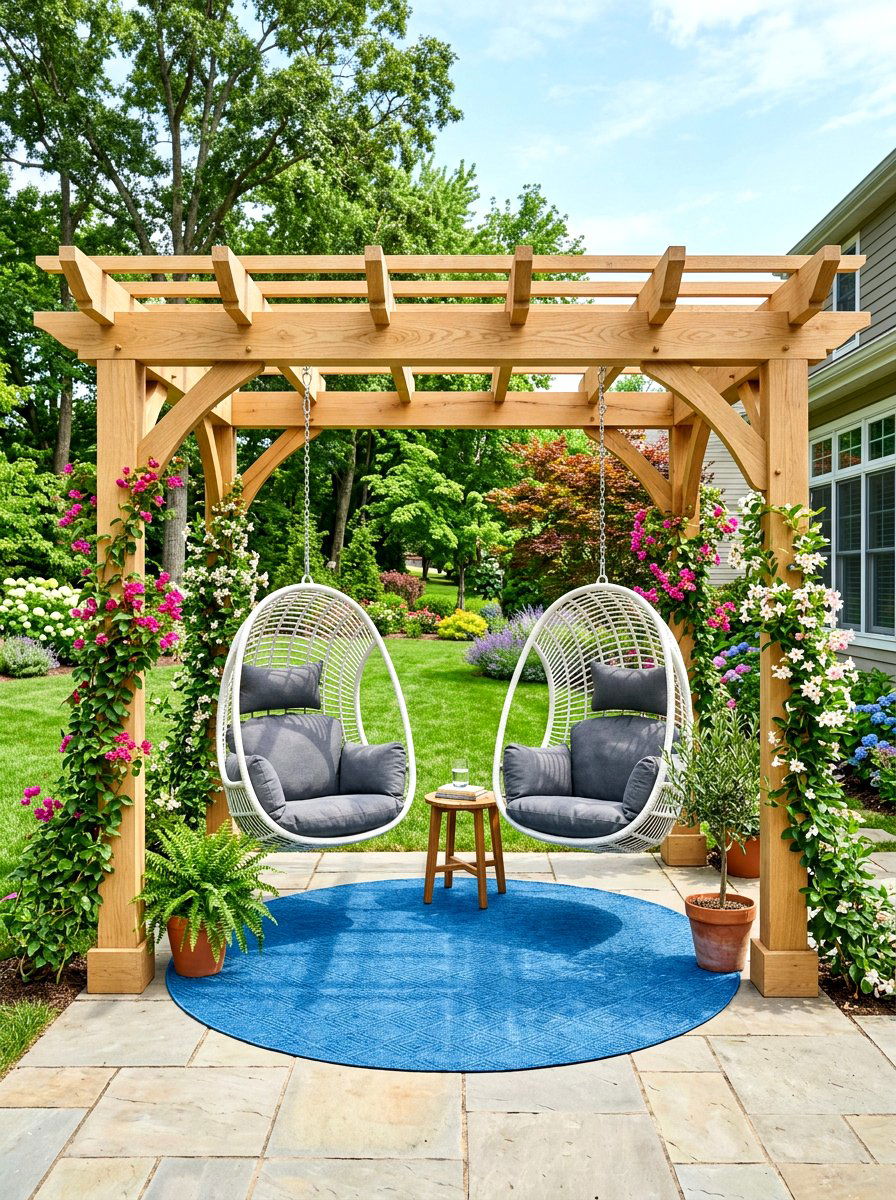 Hanging egg chair pergola - 30 open pergola seating ideas