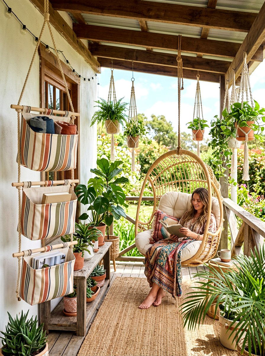 Hanging fabric bin - 30 outdoor blanket storage ideas