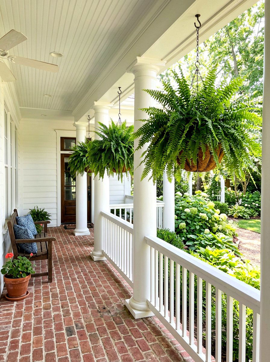 Hanging ferns on porch - 30 colonial front porch ideas