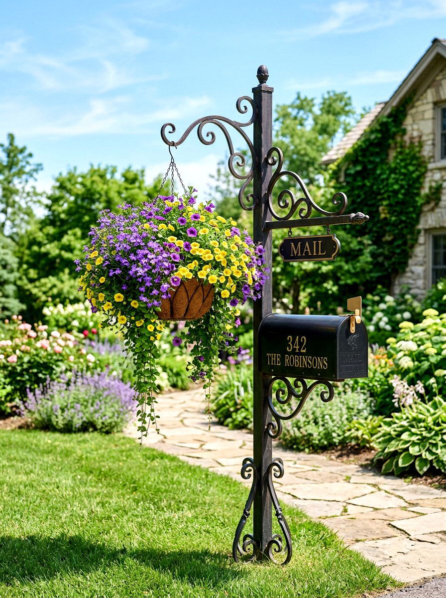 Hanging flower basket mailbox post - 30 mailbox planter box ideas