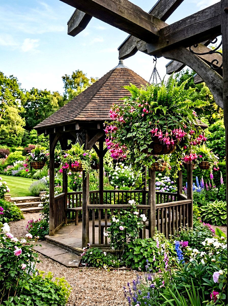 Hanging flower baskets for gazebo - 30 gazebo planter ideas