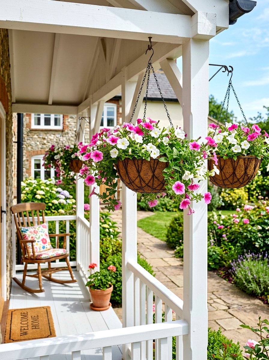 Hanging flower baskets on porch - 30 cottagecore garden ideas