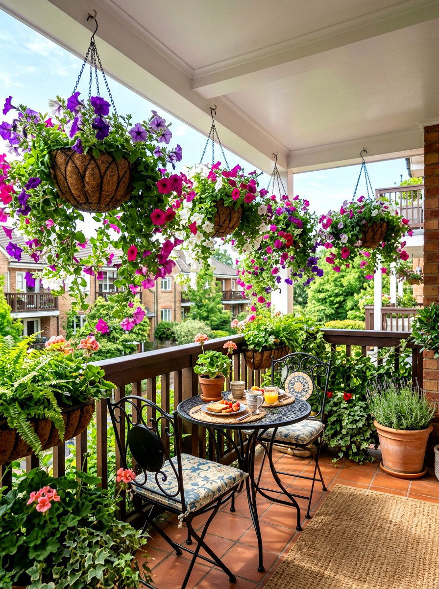 Hanging flower baskets - 30 apartment patio privacy ideas