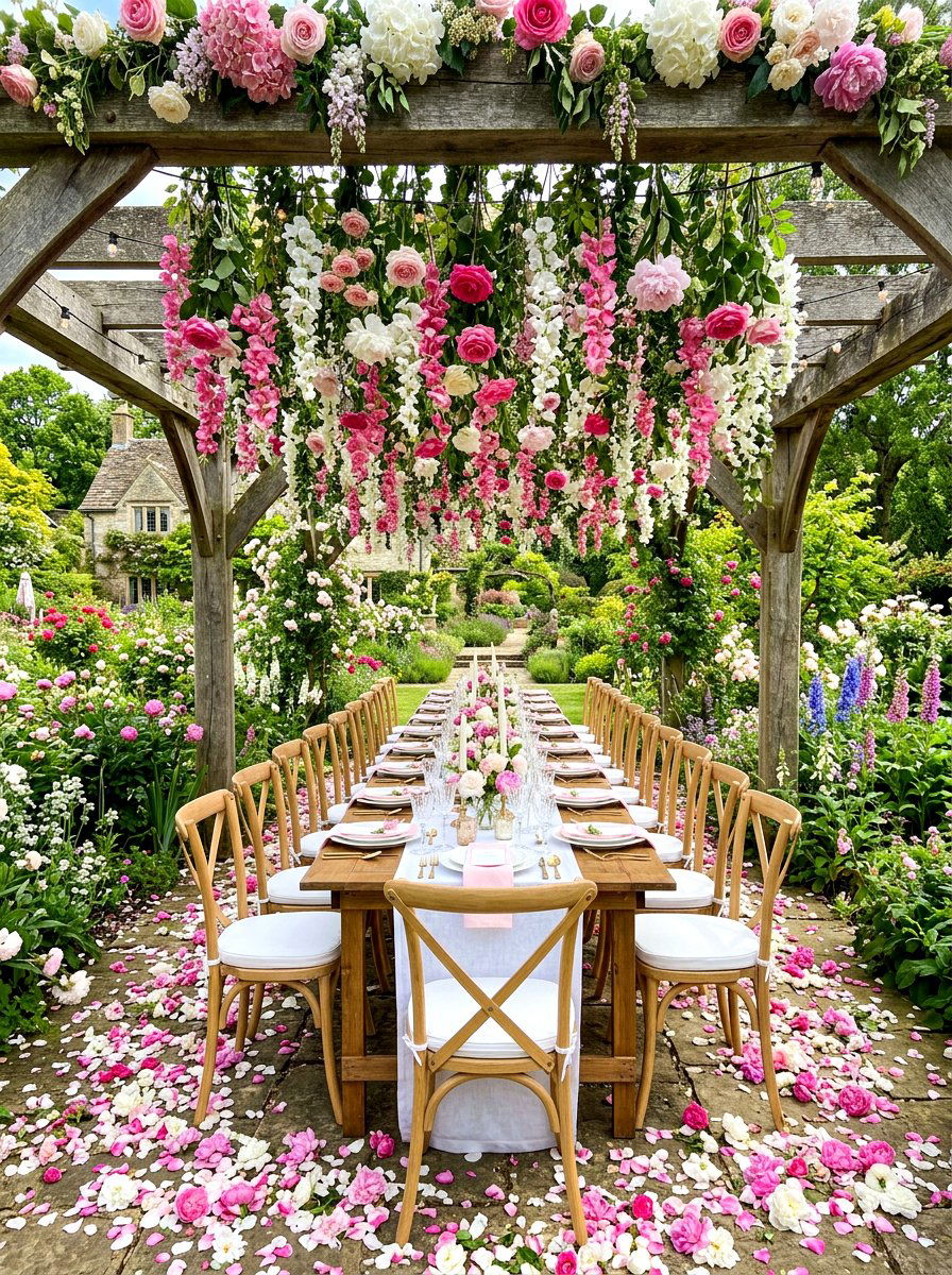 Hanging flower table installation - 30 garden baby shower table ideas