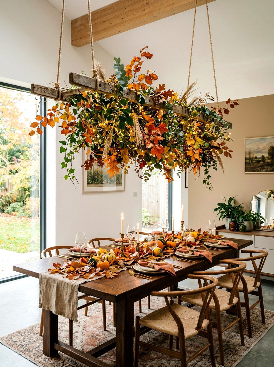 Hanging foliage installation - 30 fall dinner party home ideas