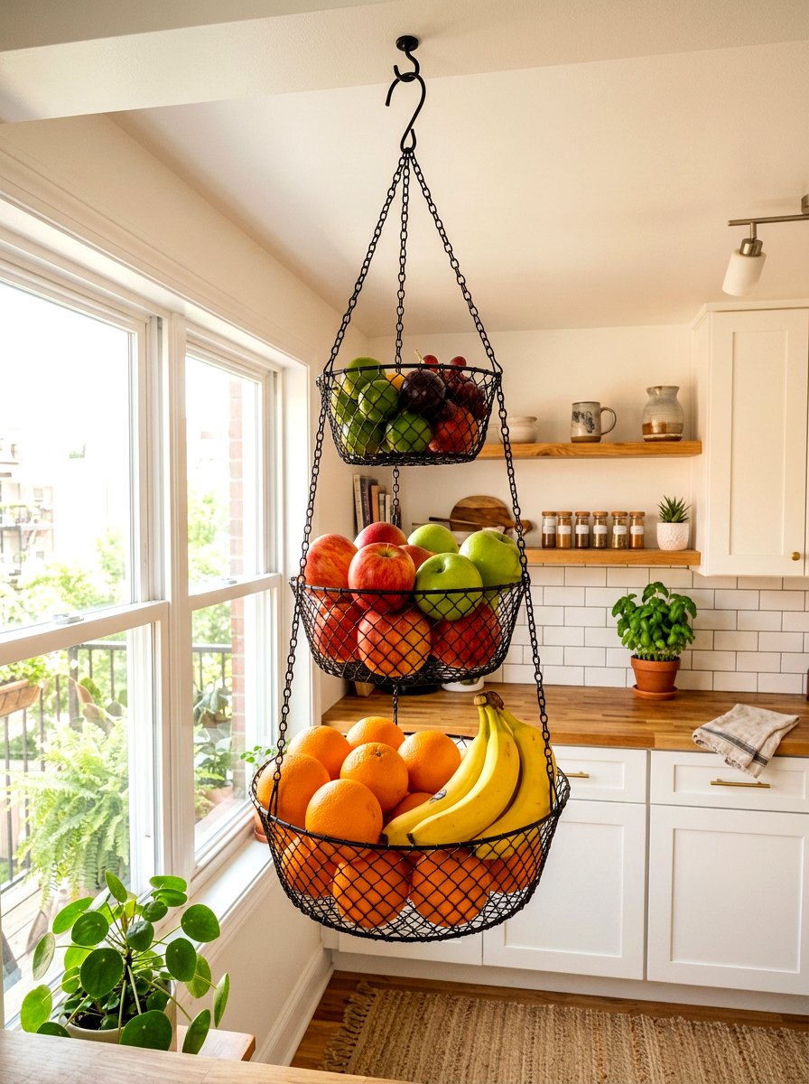 Hanging fruit basket - 30 apartment kitchen storage ideas