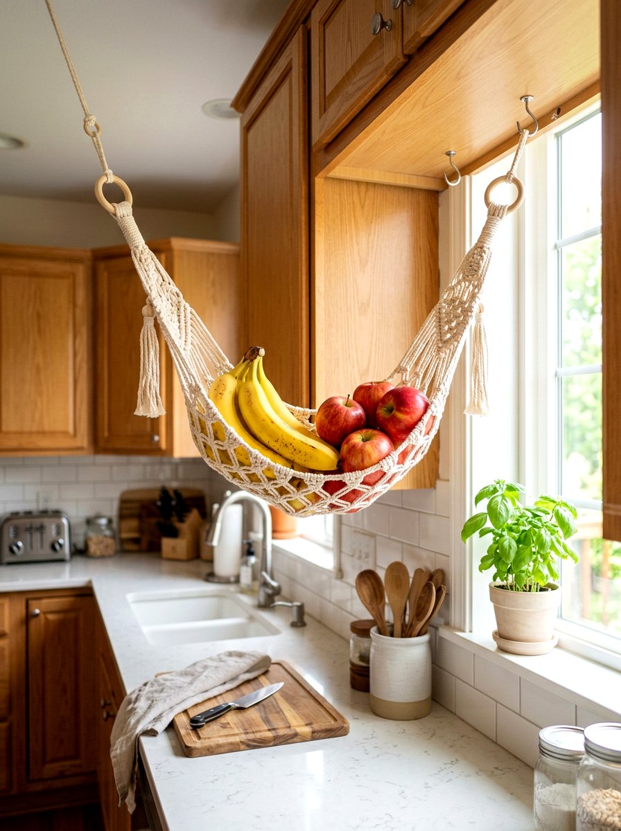 Hanging fruit hammock - 30 renter friendly kitchen storage ideas