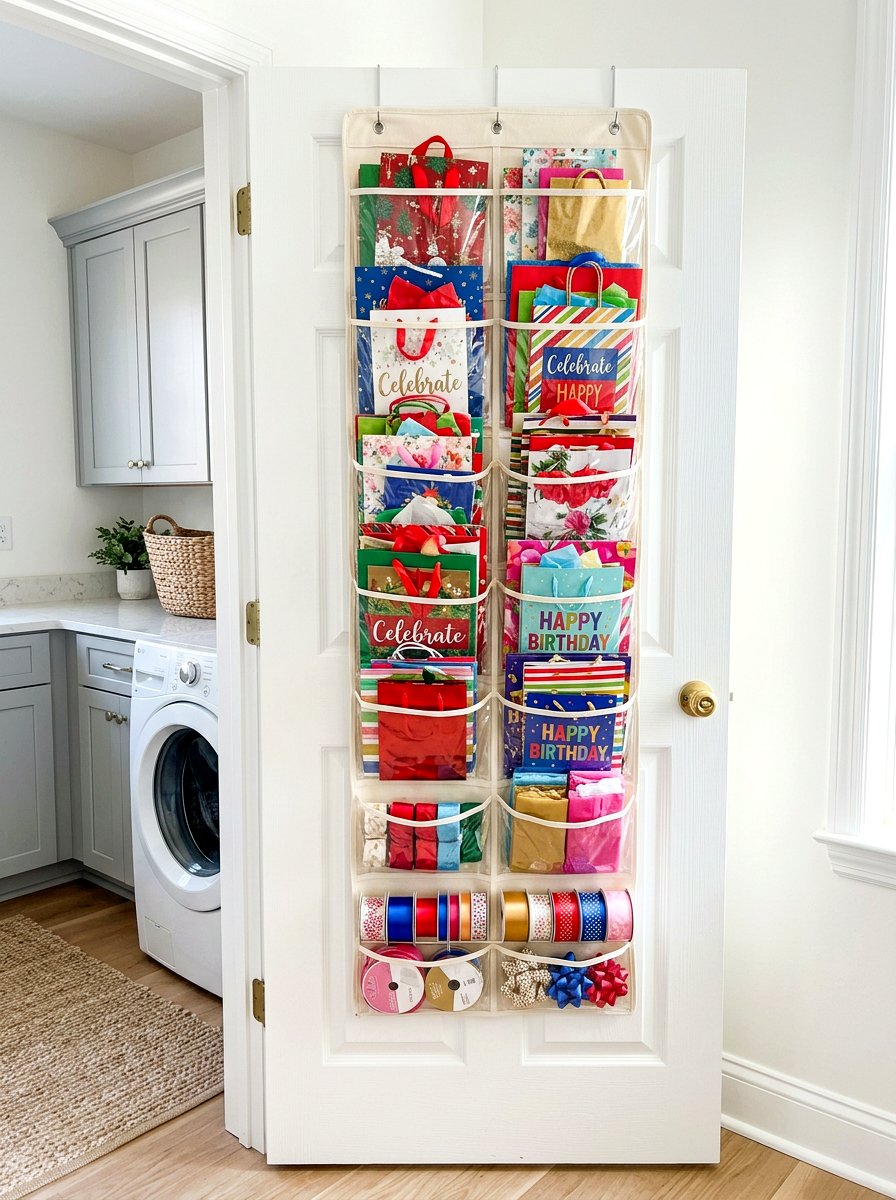 Hanging gift bag holder - 30 holiday storage ideas