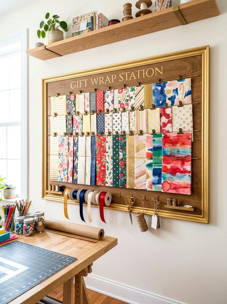 Hanging gift wrap board - 30 gift wrapping station ideas