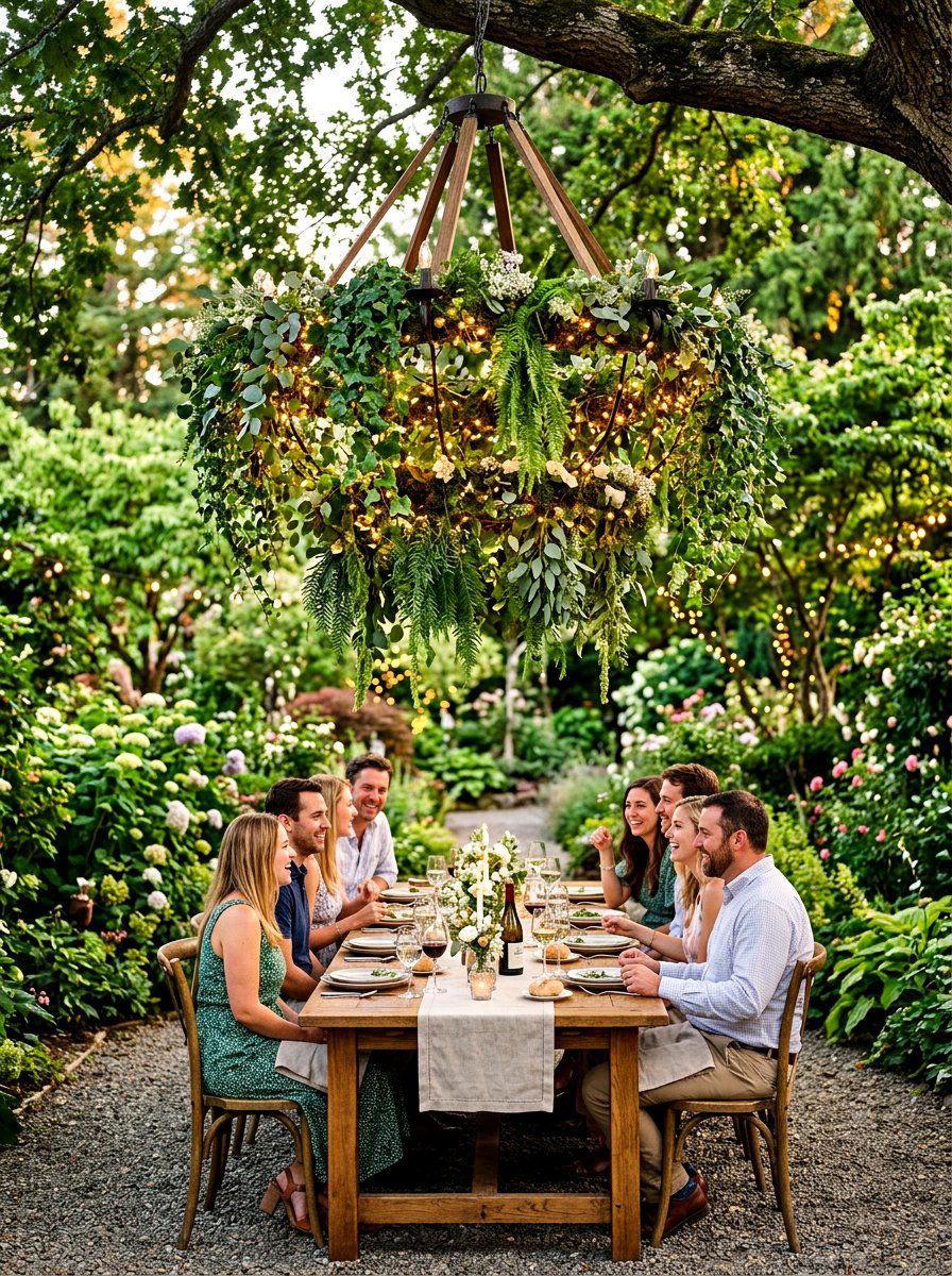 Hanging greenery garden chandelier decor - 30 garden salad tablescape ideas
