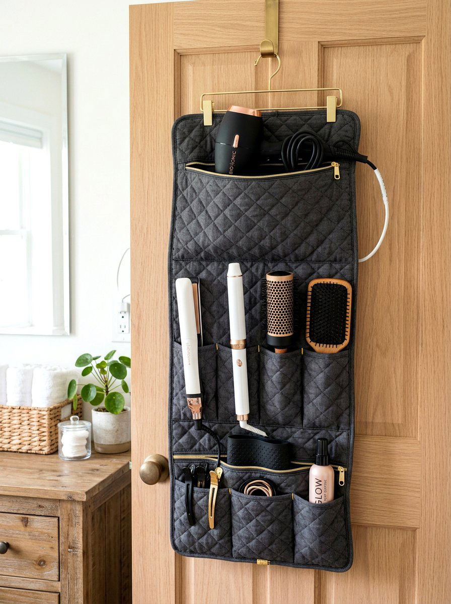 Hanging hair tool bag - 30 hair tool storage ideas