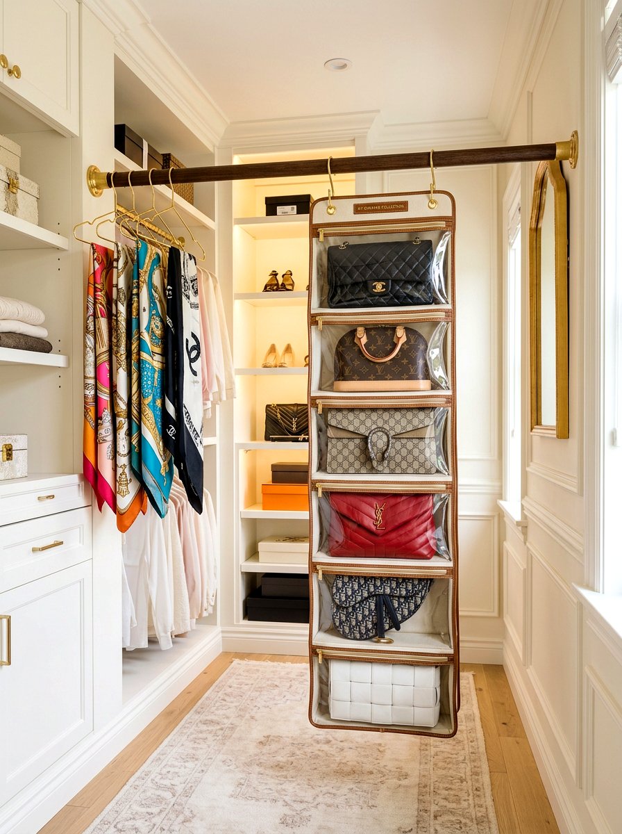 Hanging handbag organizer - 30 aesthetic closet organization ideas