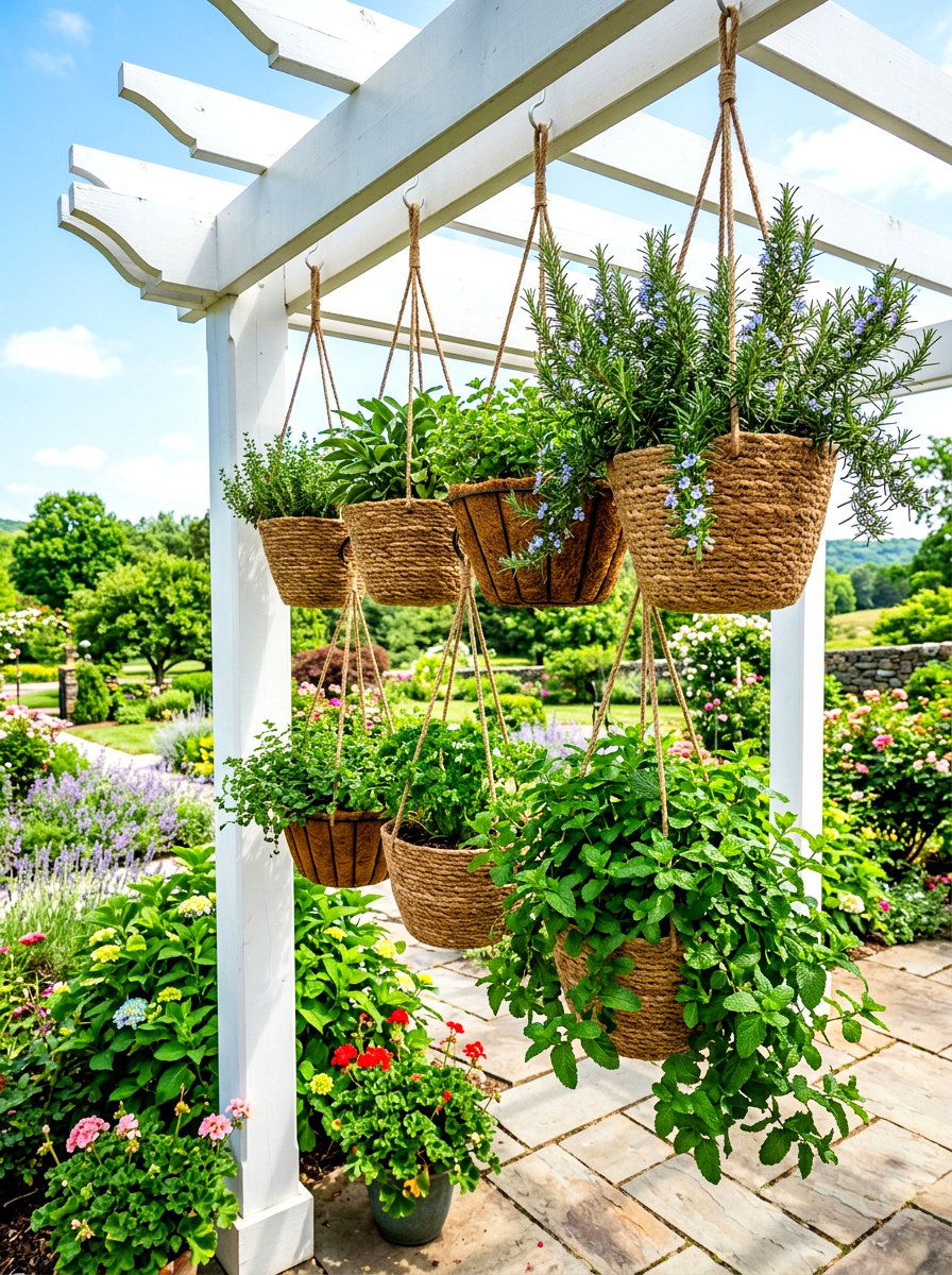 Hanging herb garden baskets - 30 rooftop herb garden ideas