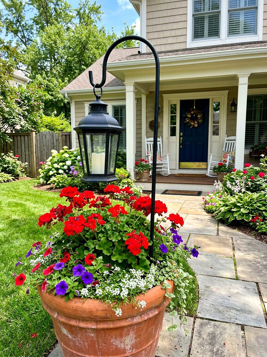 Hanging lantern with shepherd hook - 30 porch lantern styling ideas