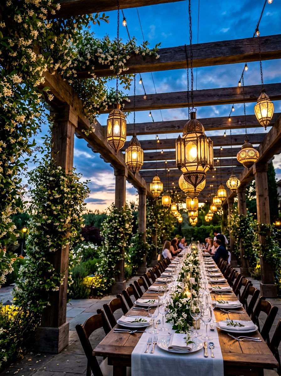 Hanging lanterns from wooden pergola - 30 candle lantern patio styling ideas