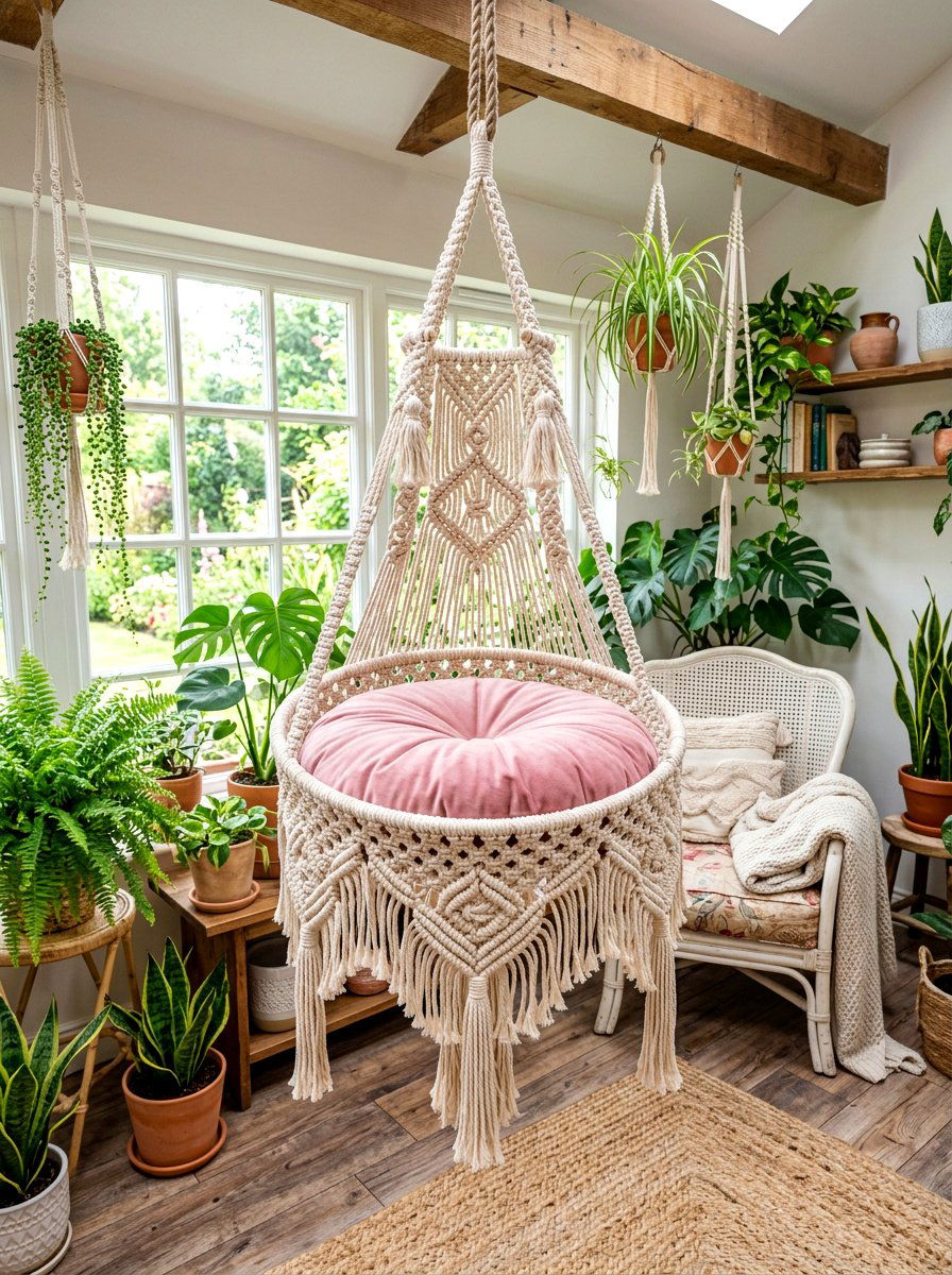 Hanging macrame cat bed - 30 cat window perch ideas