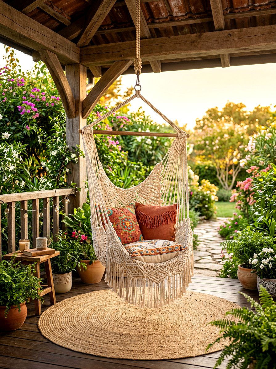 Hanging macrame chair - 30 porch corner decor ideas