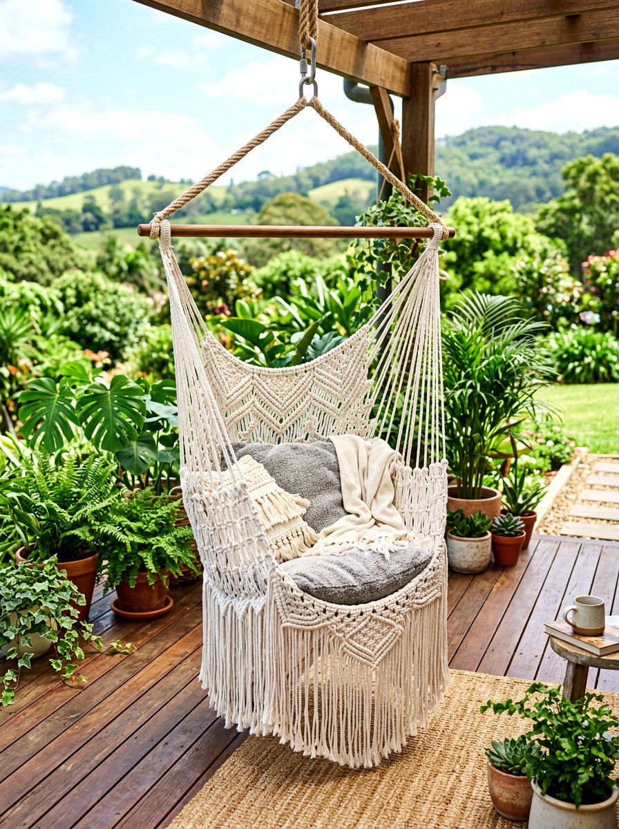 Hanging macrame chair swing - 30 apartment patio entertaining ideas