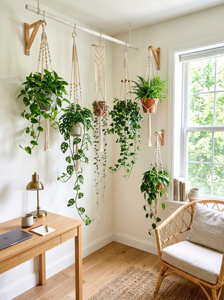 Hanging macrame plant corner - 30 office plant corner ideas