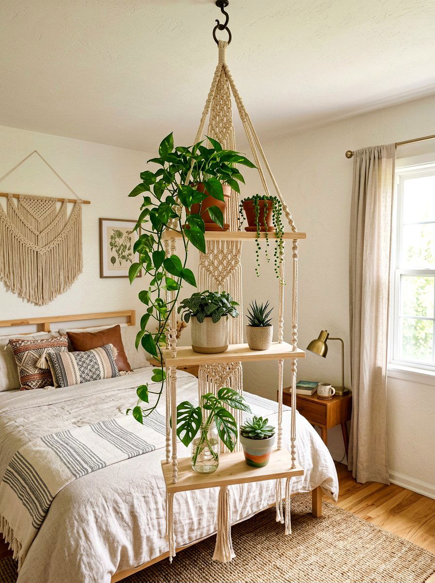 Hanging macrame plant shelf - 30 apartment vertical garden ideas