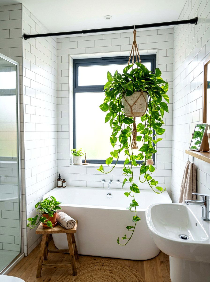 Hanging plant bathroom decor - 30 rental bathroom makeover ideas aesthetic