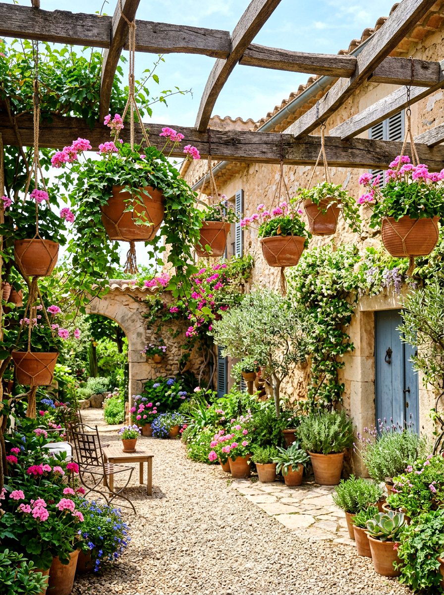 Hanging plant courtyard - 30 Mediterranean front courtyard ideas