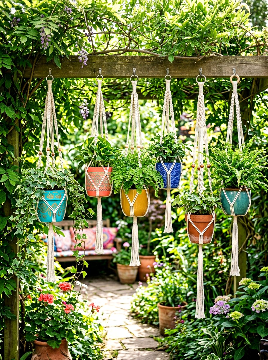 Hanging plant display - 30 tiny courtyard garden ideas