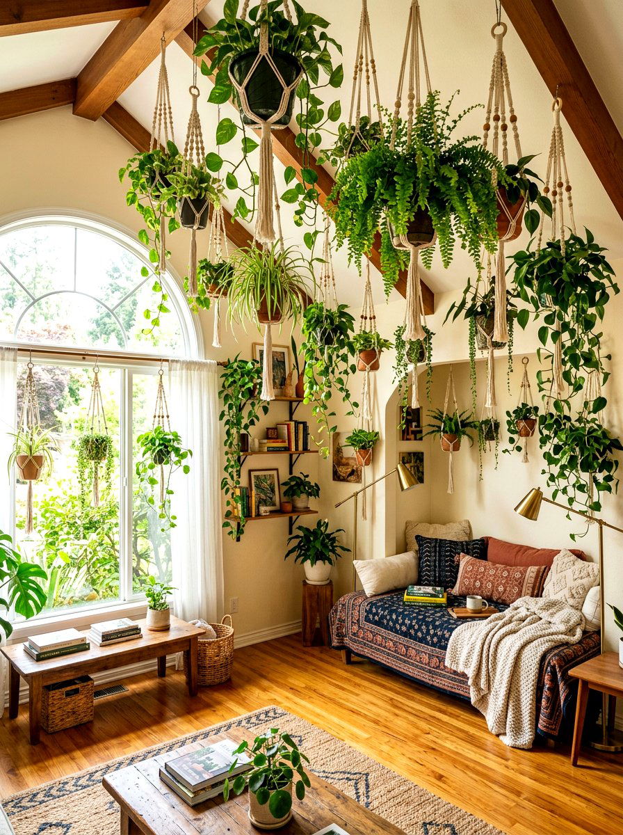 Hanging plant living room - 30 nature inspired living room ideas