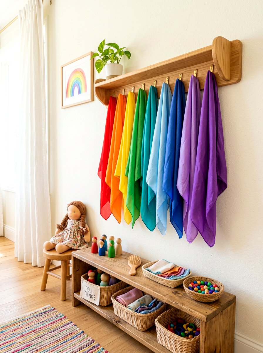 Hanging playsilk rainbow station - 30 Montessori playroom aesthetic ideas