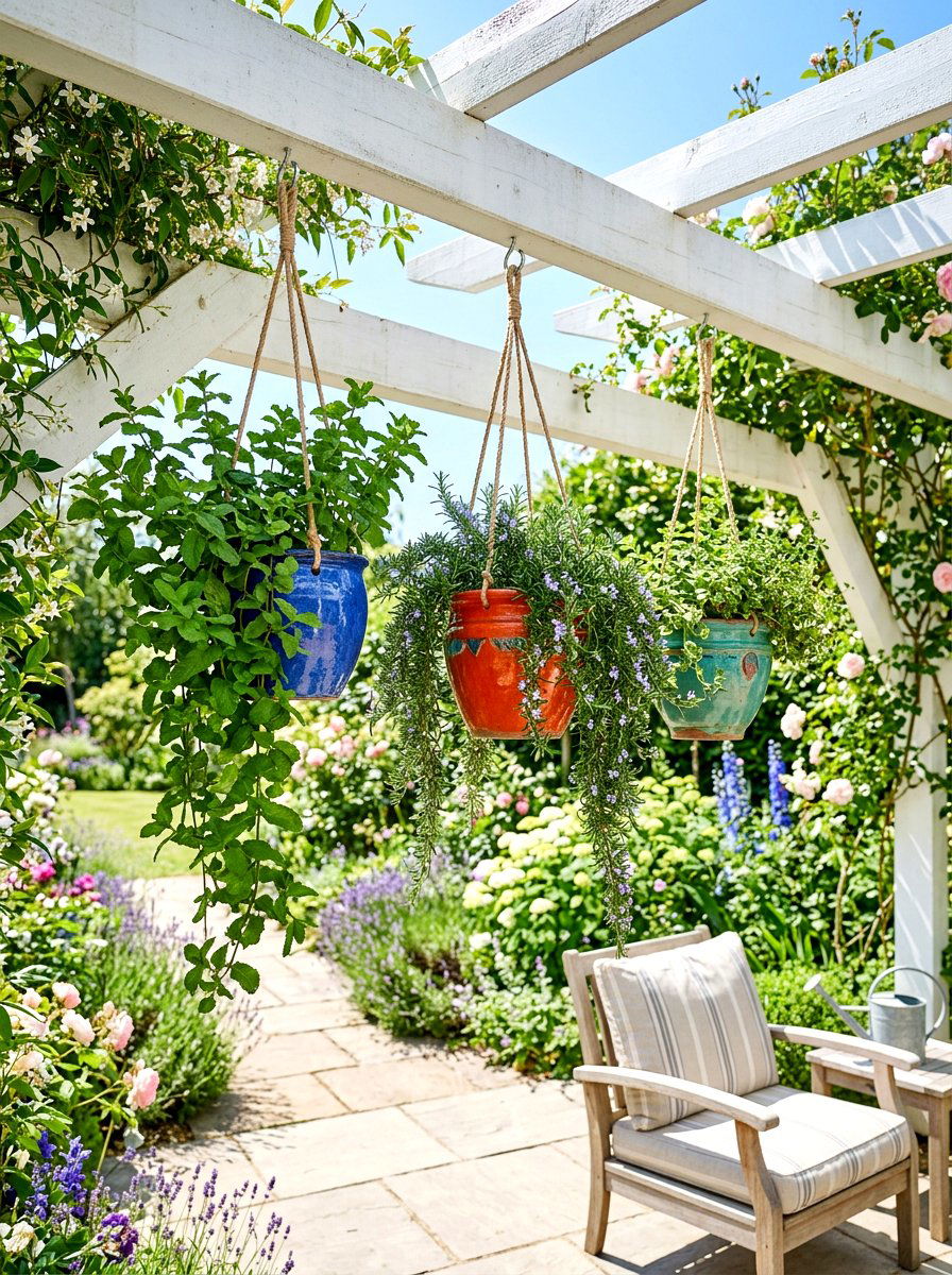 Hanging pot herb display - 30 backyard herb garden ideas