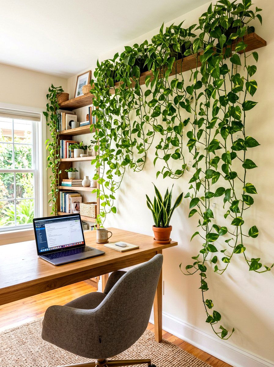 Hanging pothos wall - 30 office plant corner ideas