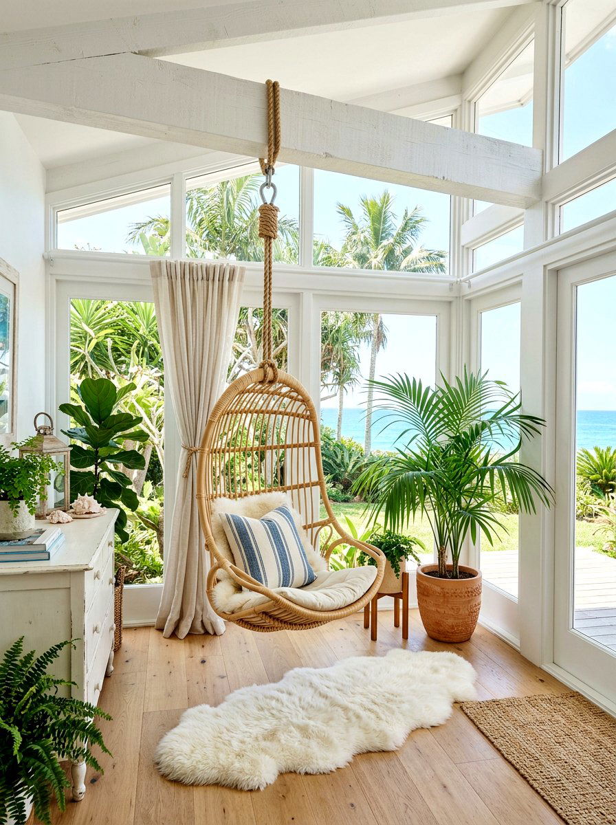 Hanging rattan chair - 30 surf shack decor ideas