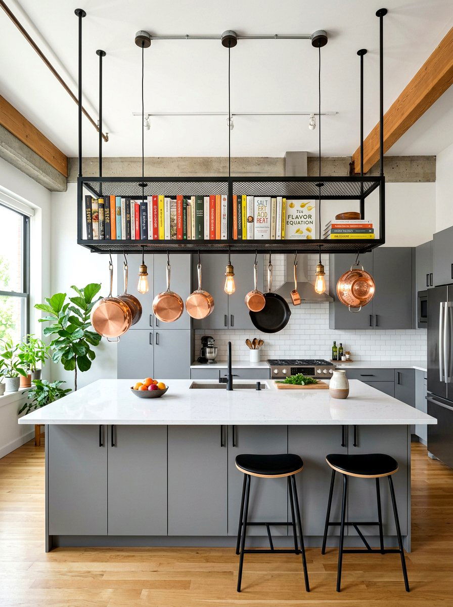 Hanging shelf over island - 30 book shelf kitchen ideas