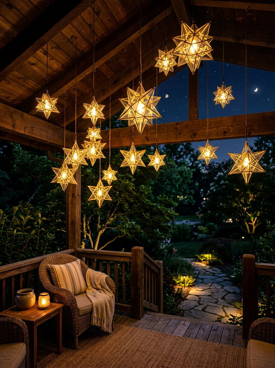 Hanging star lights - 30 front porch winter glow ideas