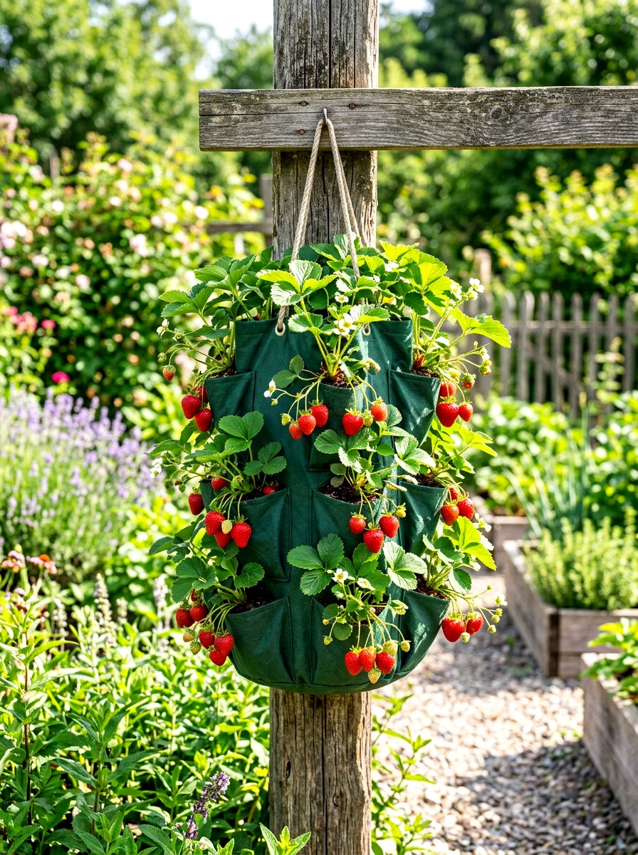 Hanging strawberry bag - 30 hanging container garden ideas