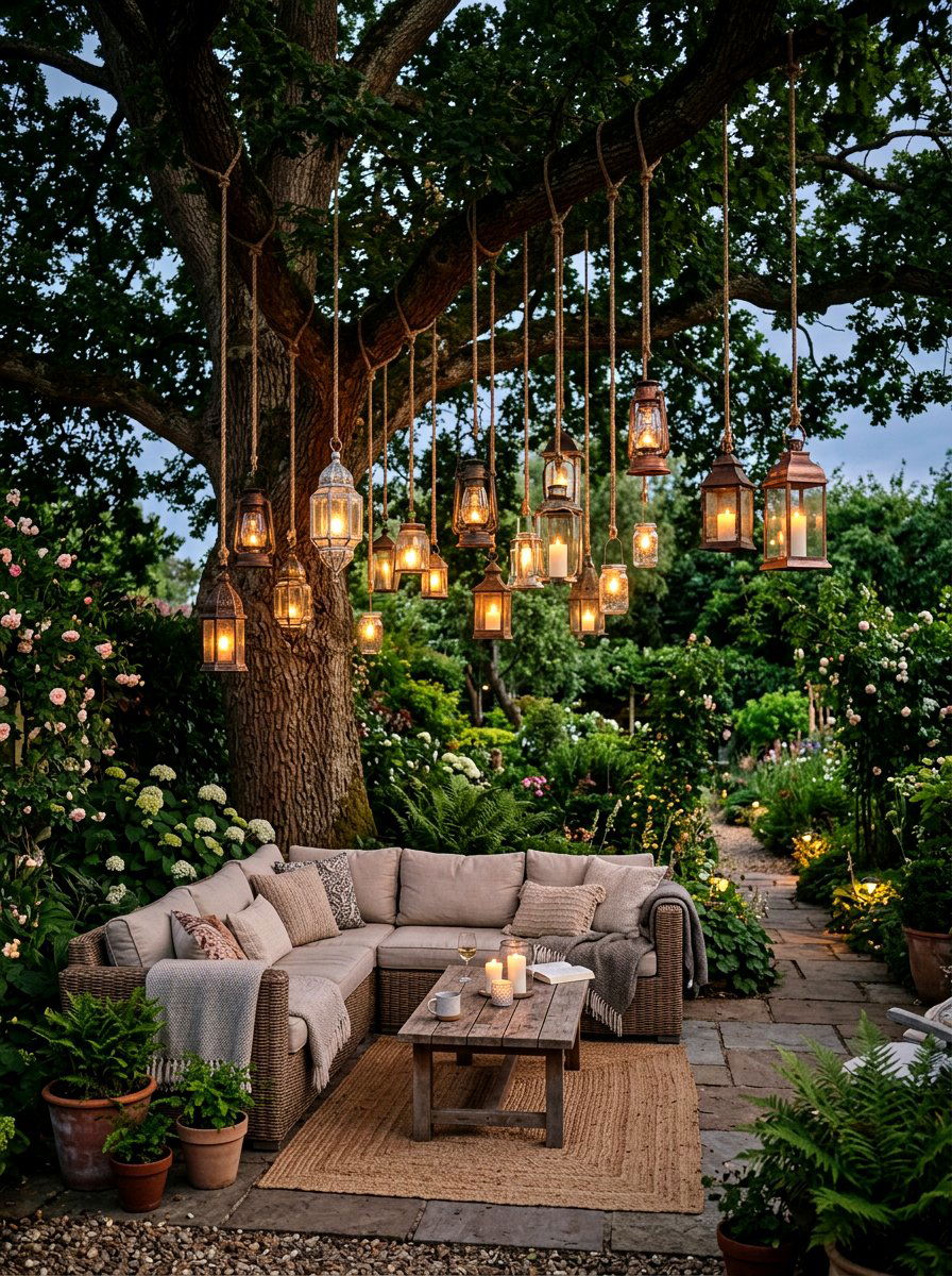 Hanging tree lanterns - 30 lantern patio cluster ideas