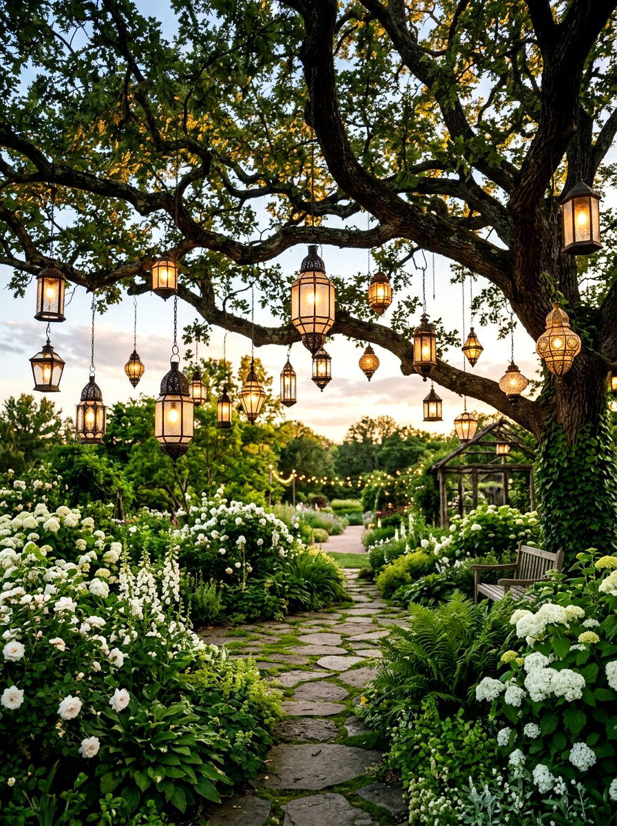 Hanging tree lanterns - 30 moonlight backyard ideas