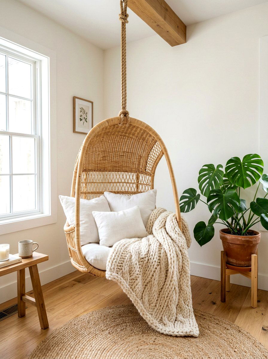 Hanging wicker chair - 30 fairycore bedroom ideas