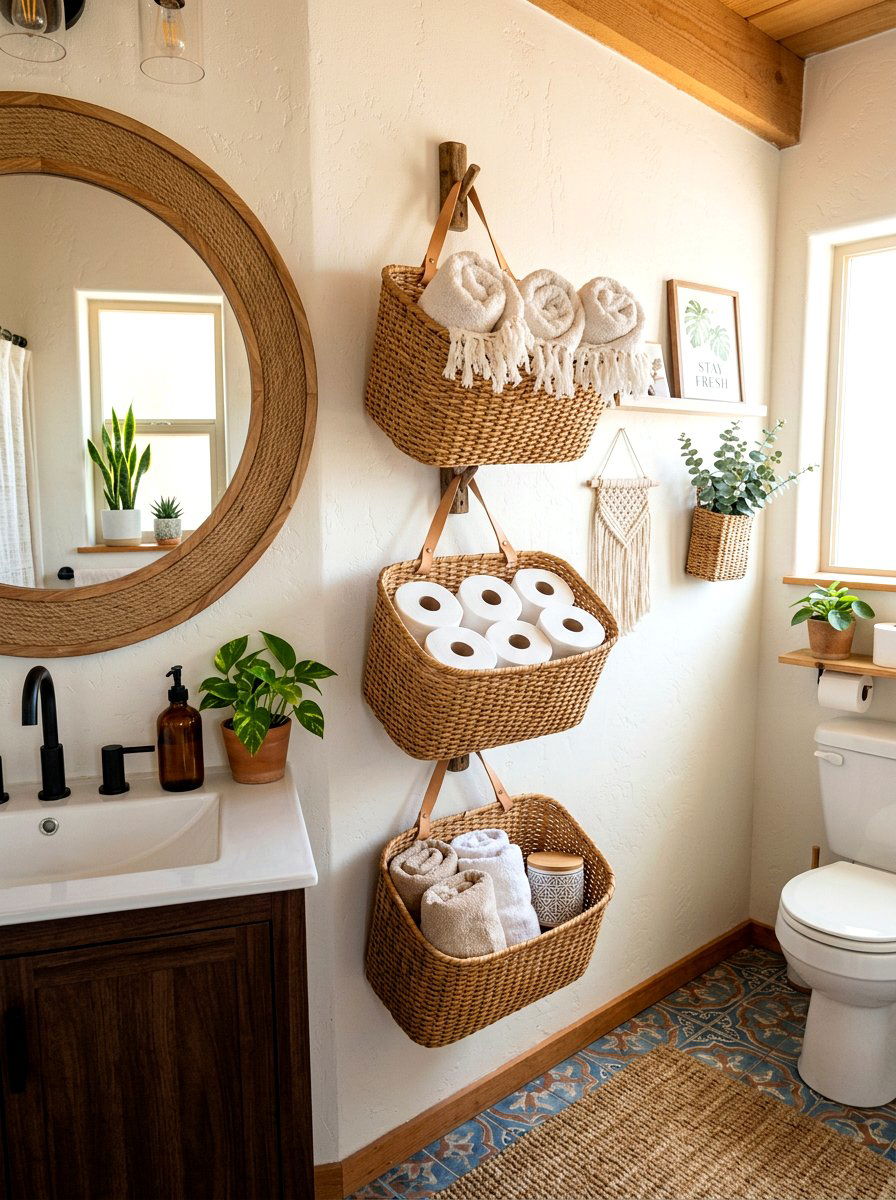 Hanging woven basket wall storage - 30 renter safe bathroom shelf ideas