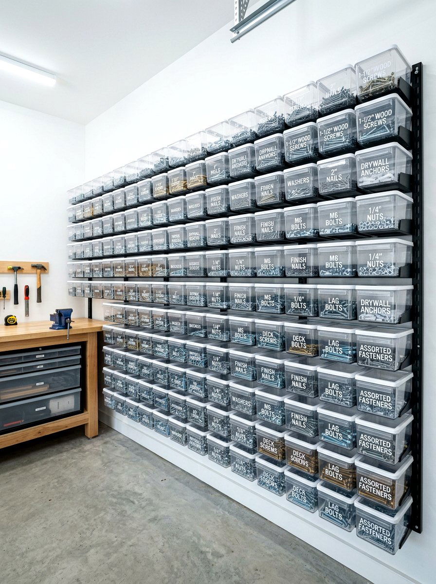 Hardware Storage With Clear Plastic Bins - 30 garage organization for small spaces ideas