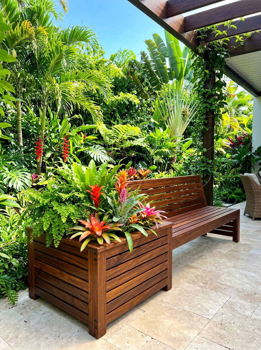 Hardwood planter bench - 30 patio bench with planter ideas