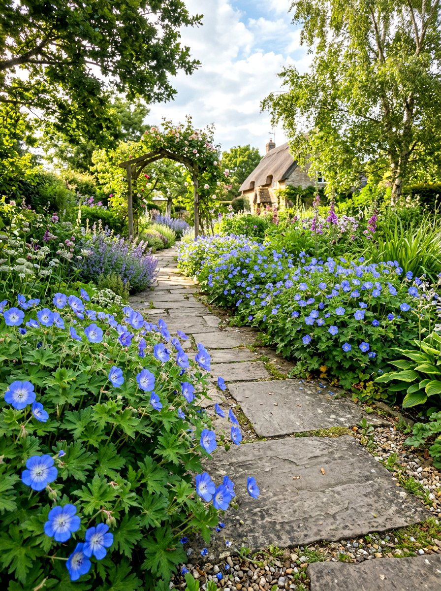 Hardy geranium garden path - 30 walkway border planting ideas