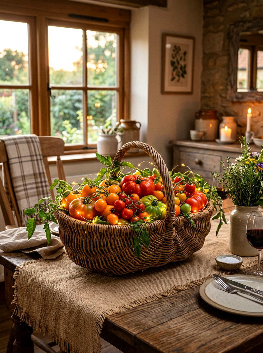Harvest basket tomato centerpiece - 30 tomato tablescape ideas
