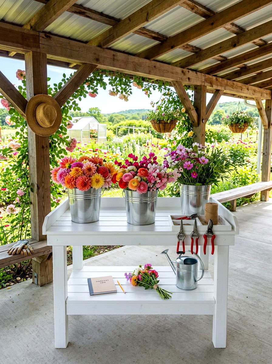 Harvesting station - 30 flower farm backyard ideas