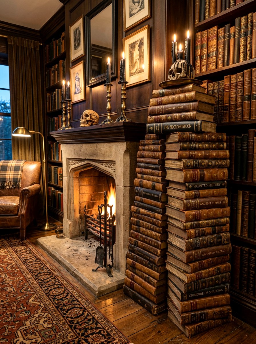 Haunted Book Stack - 30 Halloween mantel decor ideas