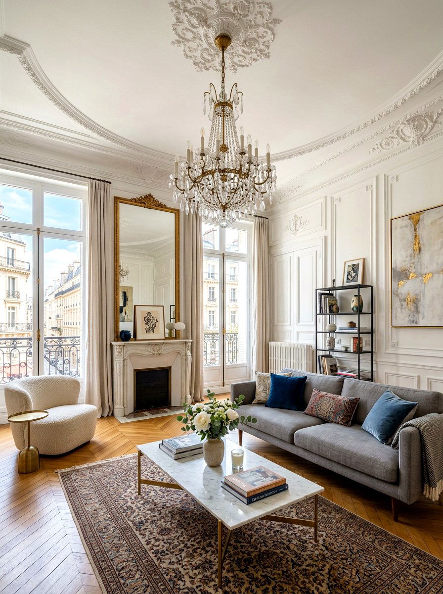 Haussmann architecture wall molding - 30 Parisian living room ideas
